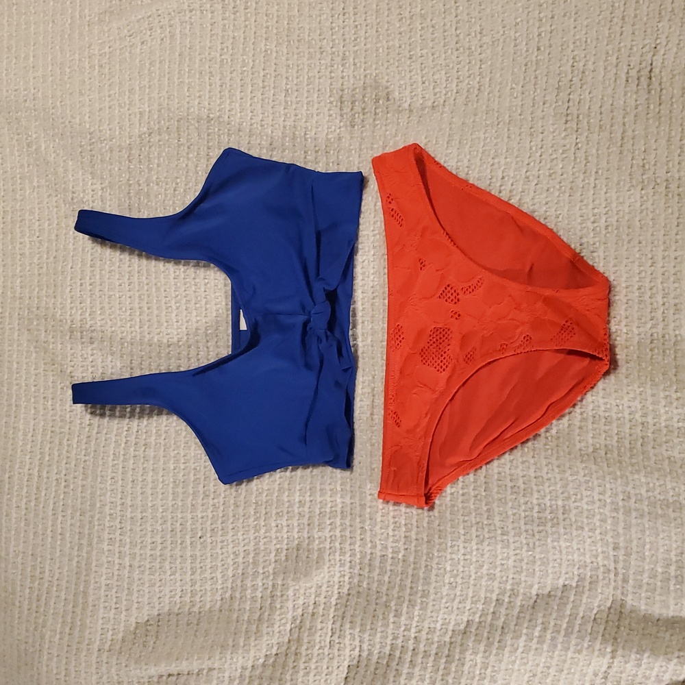 Blue Top and Orange Lace Bottom Swim Set
